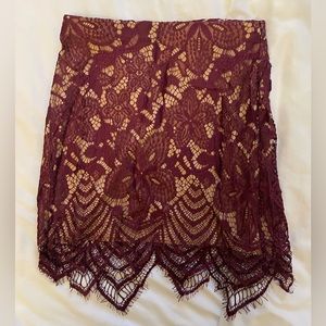 Express Maroon Tan Lace Asymmetrical Hem Mini Skirt